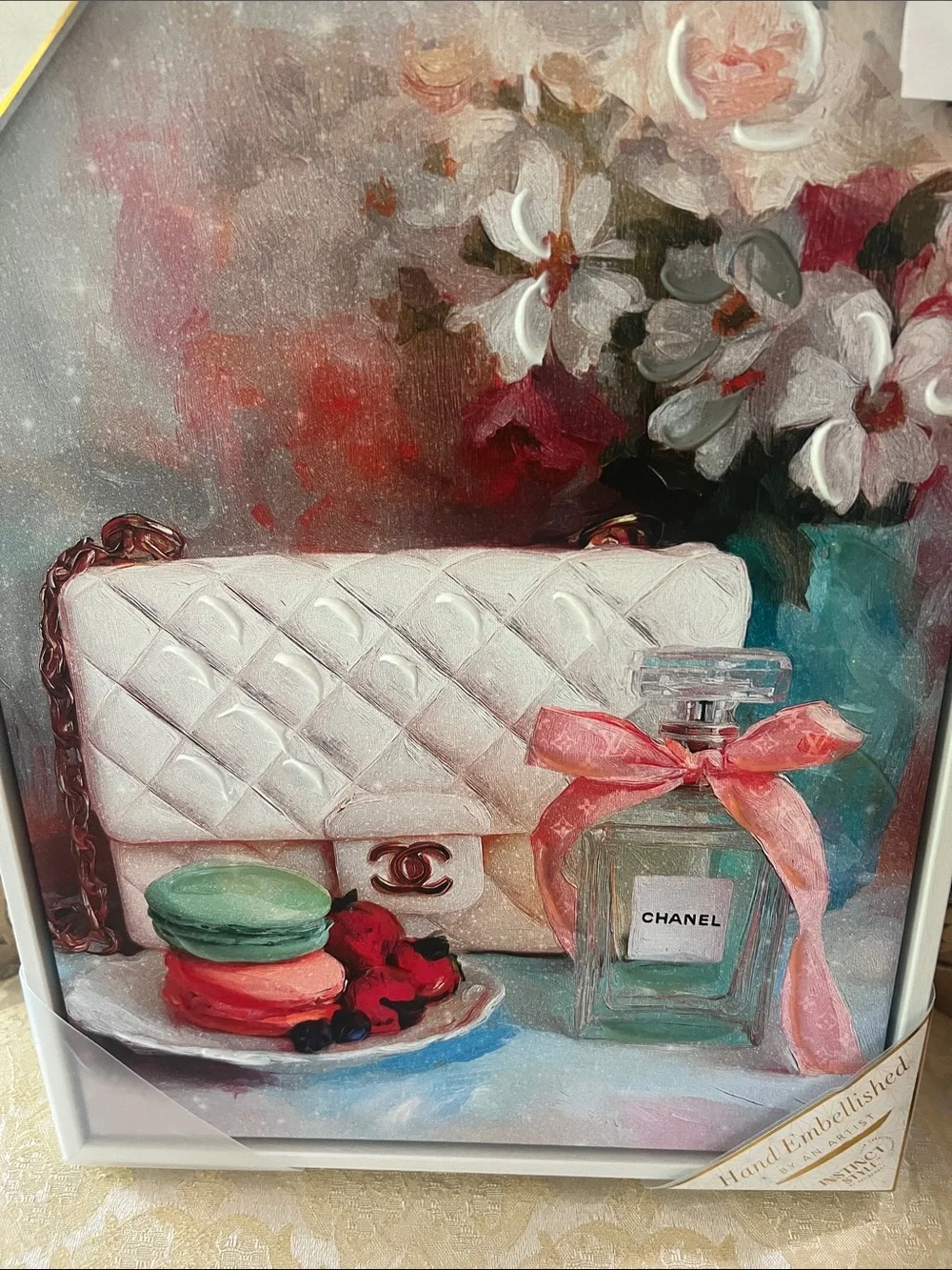 CHANEL White Quilted Handbag & Pastel Still Life Wall Art